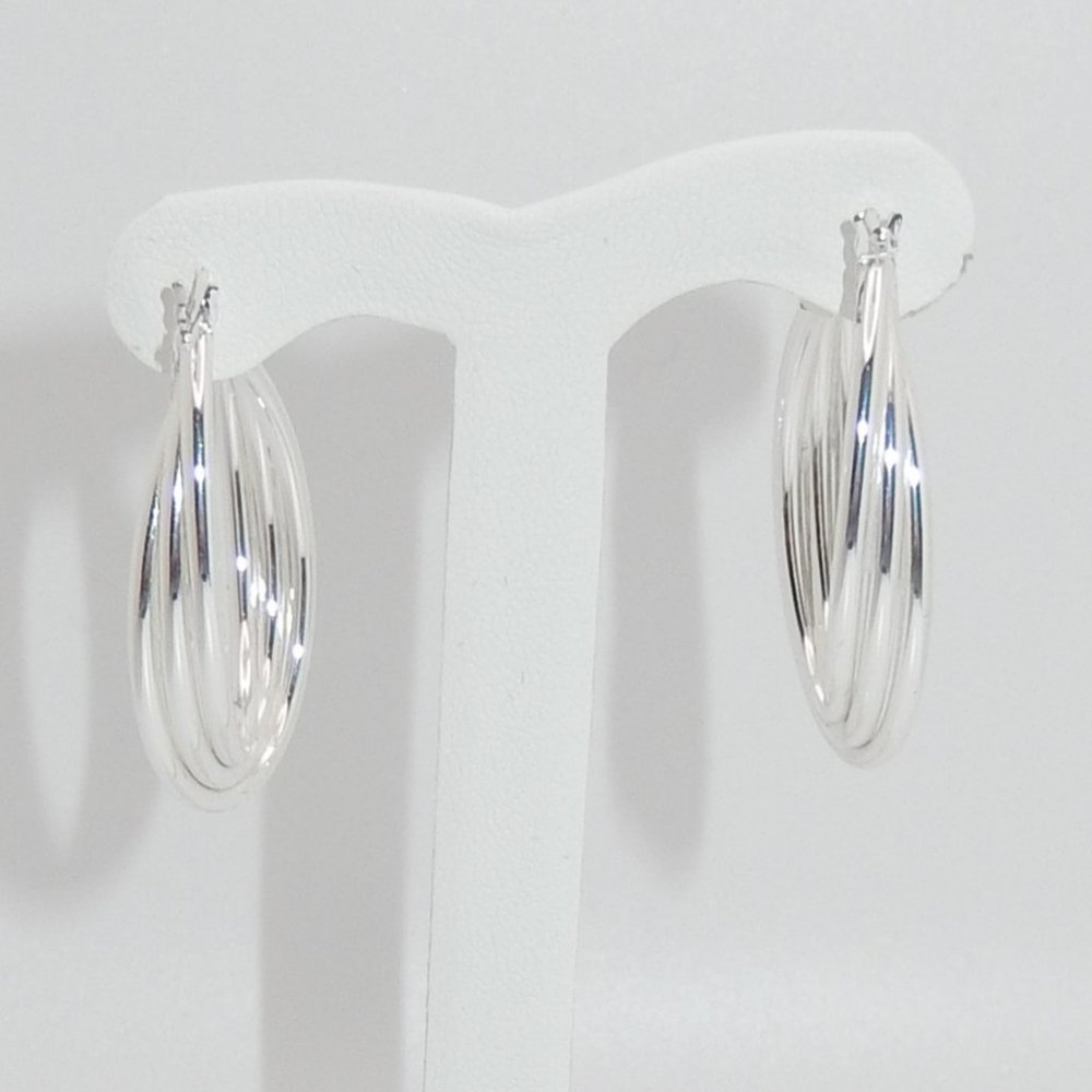 Sterling Silver Triple Band Oval Hoop Earrings / 1-1/4" Drop